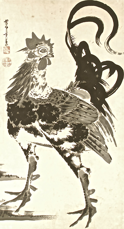 伊藤若冲　庭鳥図双幅　雄鶏　米斗翁七十八歳画